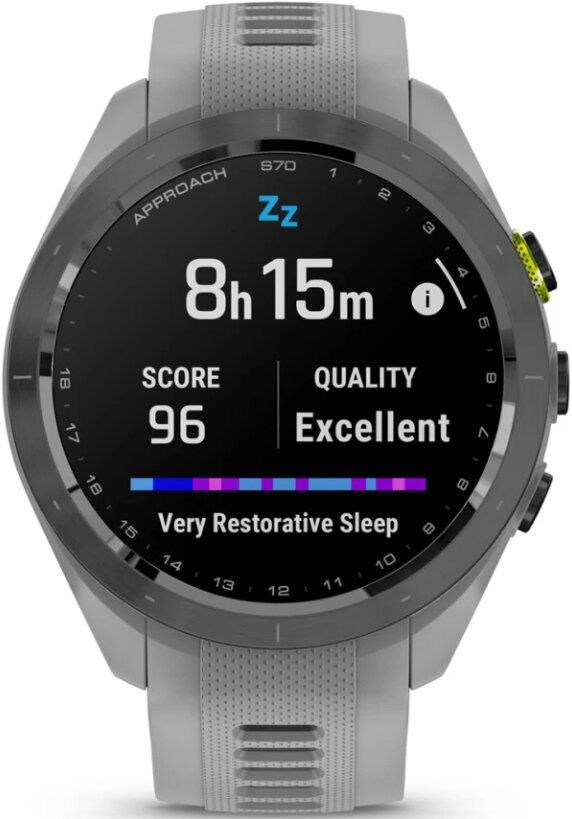 Garmin Approach S70 42 mm GPS-Uhr, Keramiklünette Schwarz/Silikonarmband Pulvergrau