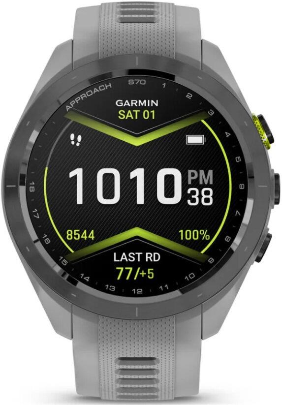 Garmin Approach S70 42 mm GPS-Uhr, Keramiklünette Schwarz/Silikonarmband Pulvergrau