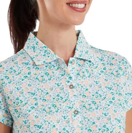 FootJoy Cap Sleeve Lisle Damen Poloshirt, tile blue floral print