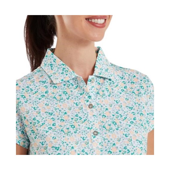 FootJoy Cap Sleeve Lisle Damen Poloshirt, tile blue floral print