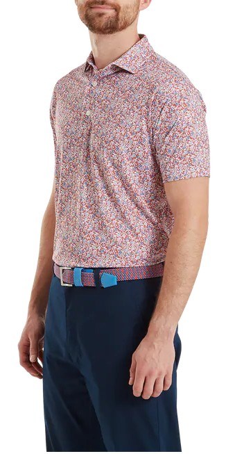 FootJoy Meadow Print Lisle Herren Poloshirt, nantucket red/hambray/coastal blue