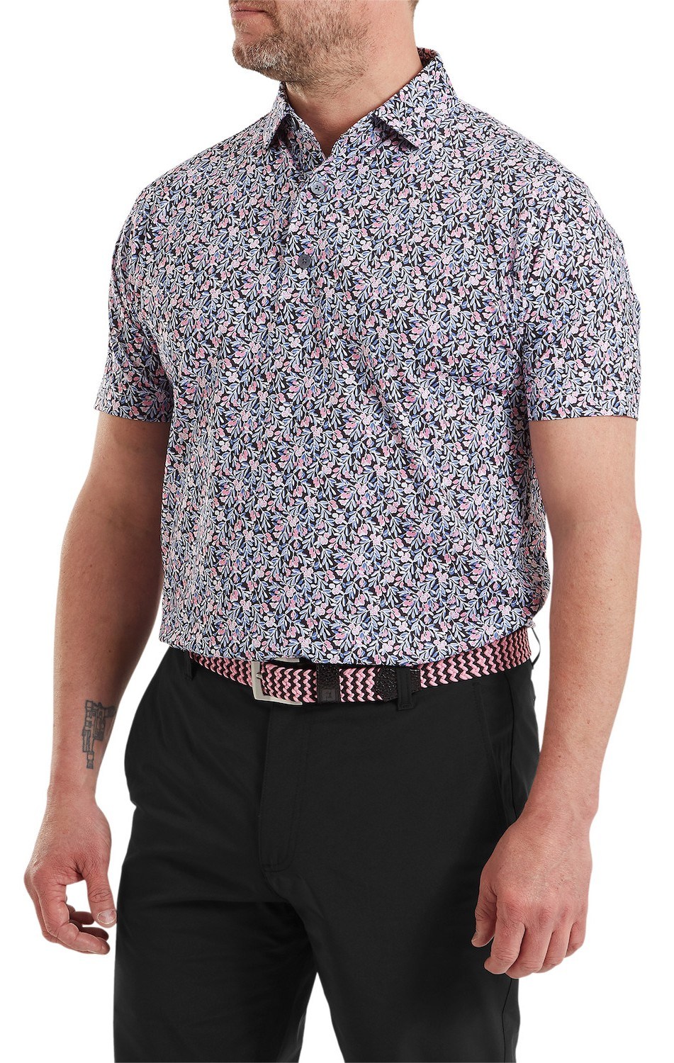 FootJoy Meadow Print Lisle Herren Poloshirt, black/vivid violet/pink pop