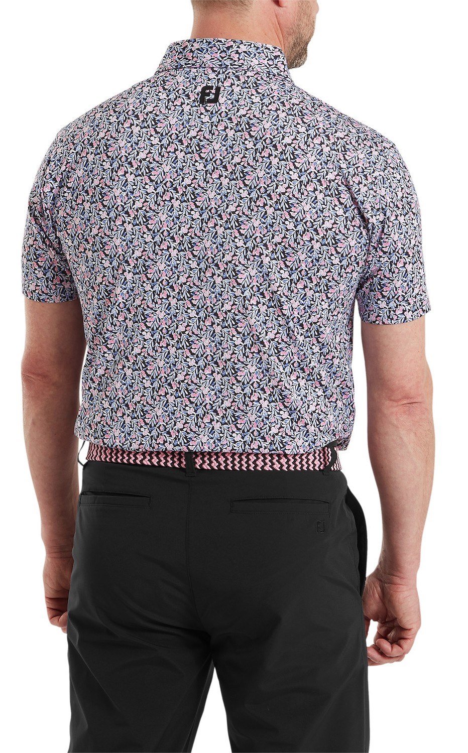 FootJoy Meadow Print Lisle Herren Poloshirt, black/vivid violet/pink pop