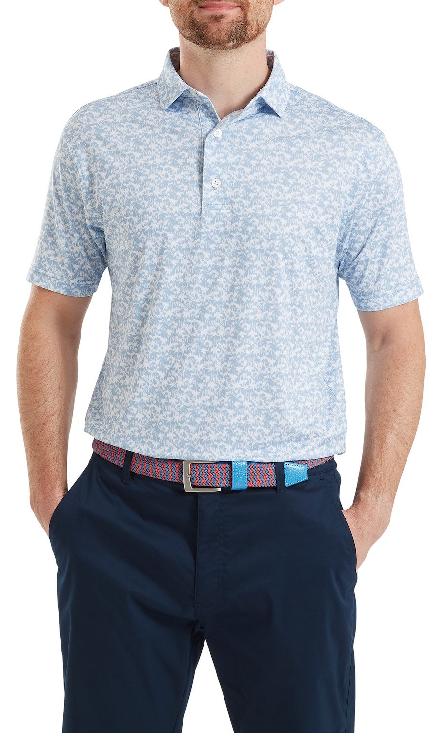 FootJoy Hidden Palm Print Lisle Herren Poloshirt, chambray/white