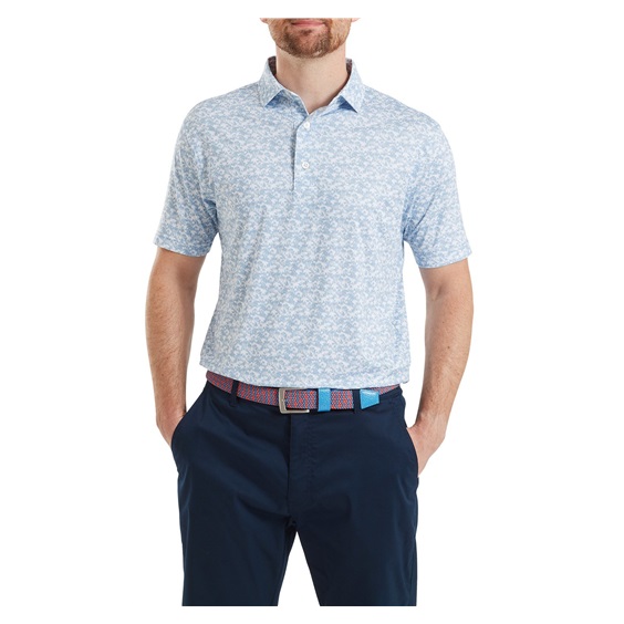 FootJoy Hidden Palm Print Lisle Herren Poloshirt, chambray/white