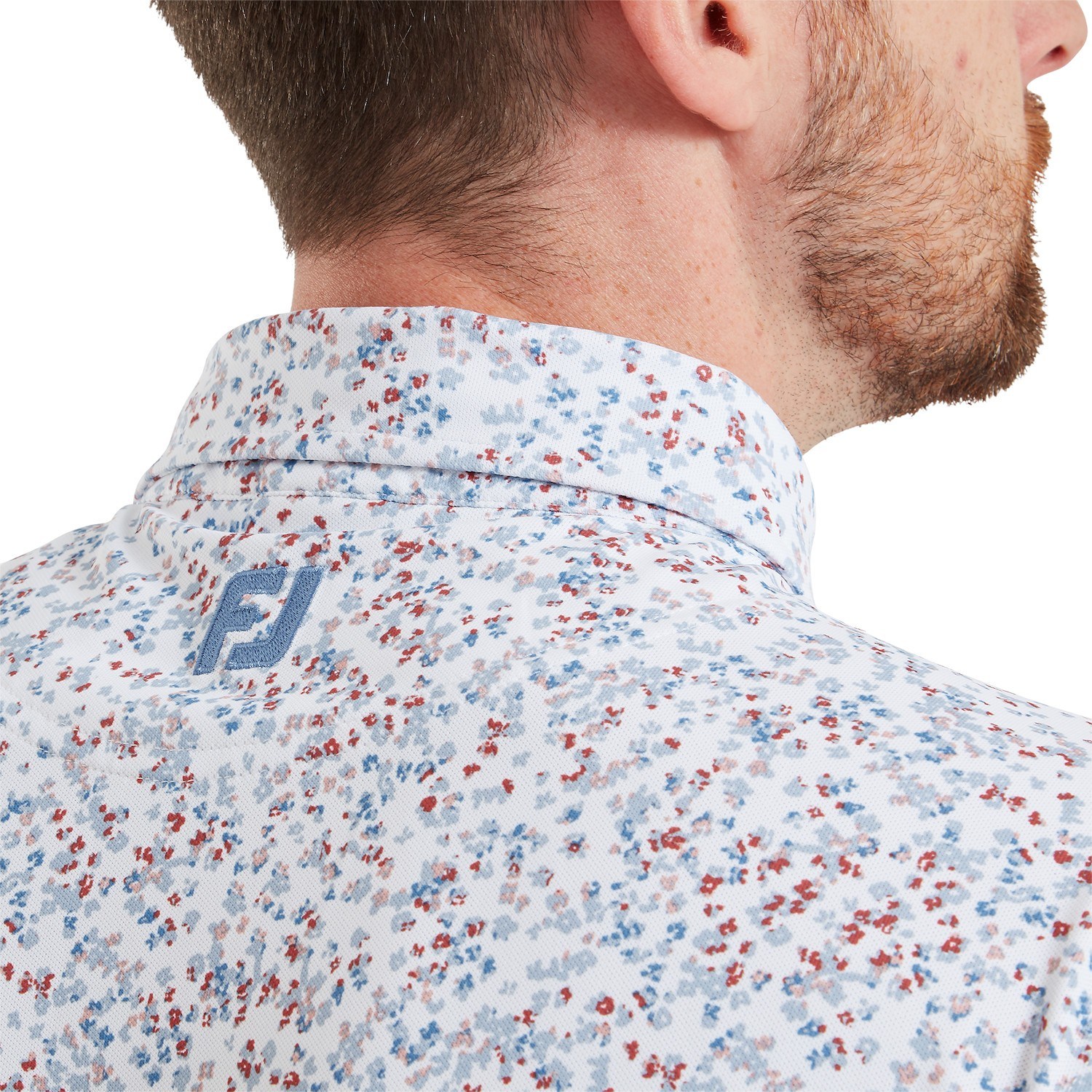 FootJoy Watercolour Floral Print Pique Herren Poloshirt, white/chambray/nantucket red