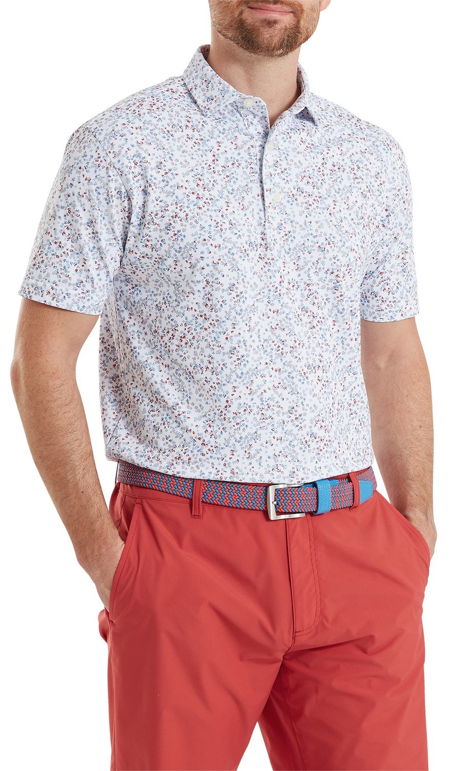 FootJoy Watercolour Floral Print Pique Herren Poloshirt, white/chambray/nantucket red