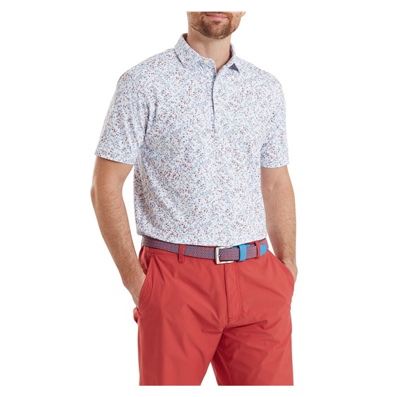 FootJoy Watercolour Floral Print Pique Herren Poloshirt, white/chambray/nantucket red