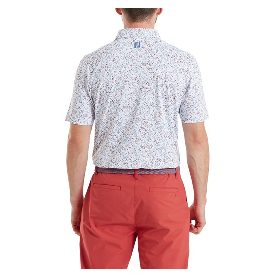 FootJoy Watercolour Floral Print Pique Herren Poloshirt, white/chambray/nantucket red