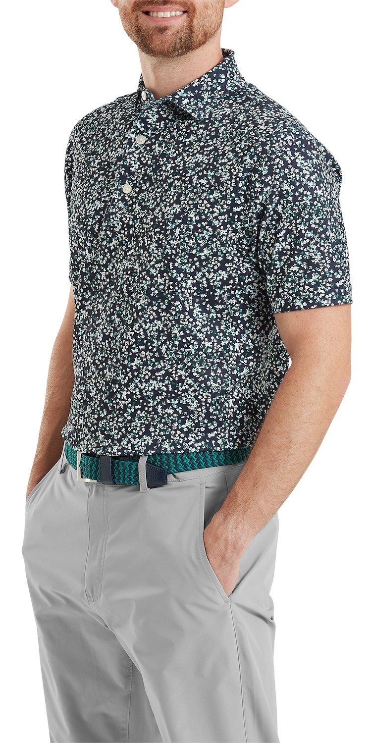 FootJoy Watercolour Floral Print Pique Herren Poloshirt, navy/sunshine/field green
