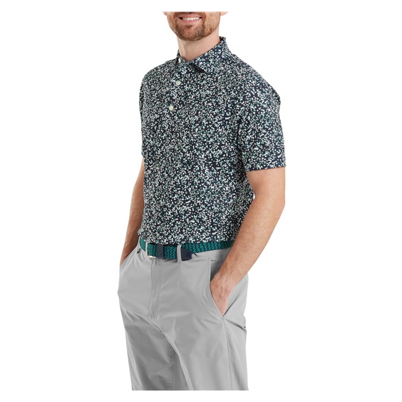 FootJoy Watercolour Floral Print Pique Herren Poloshirt, navy/sunshine/field green