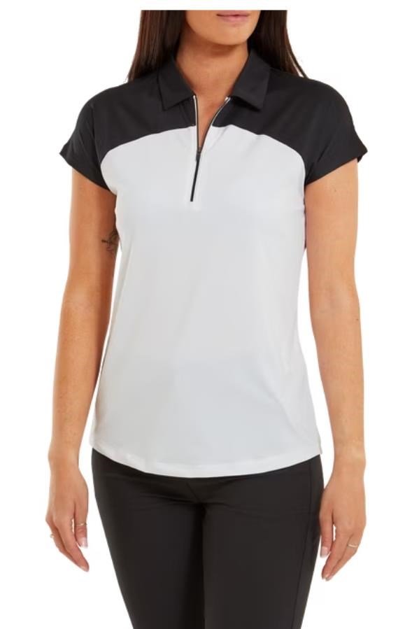FootJoy Cap Sleeve Colour Block Lisle Damen Poloshirt, schwarz/weiss