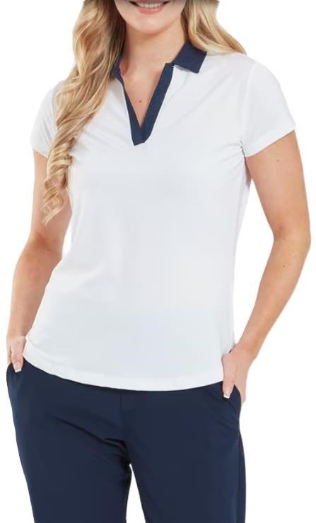 FootJoy Cap Sleeve Print Trim Lisle Damen Poloshirt, weiss/dunkelblau