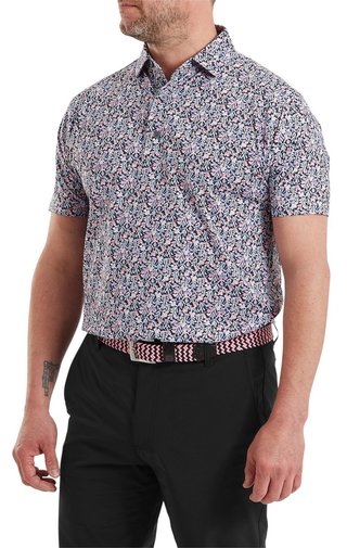 FootJoy Meadow Print Lisle Herren Poloshirt, black/vivid violet/pink pop