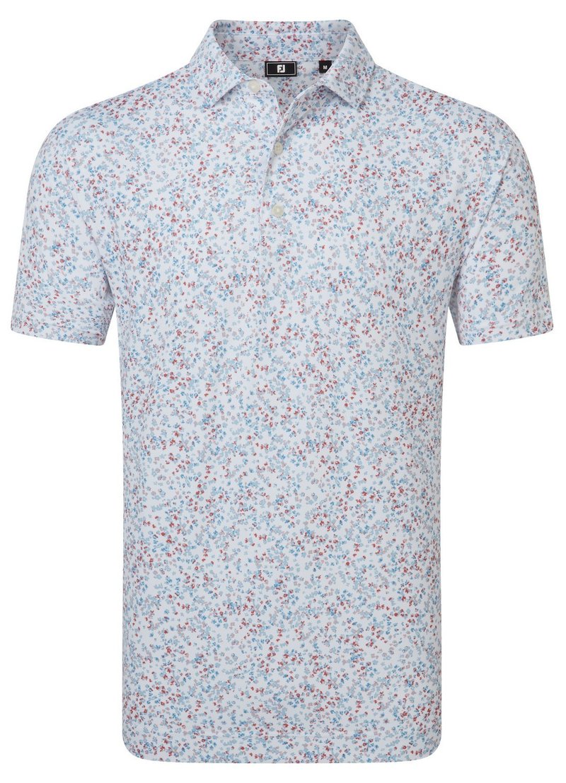 FootJoy Watercolour Floral Print Pique Herren Poloshirt, white/chambray/nantucket red