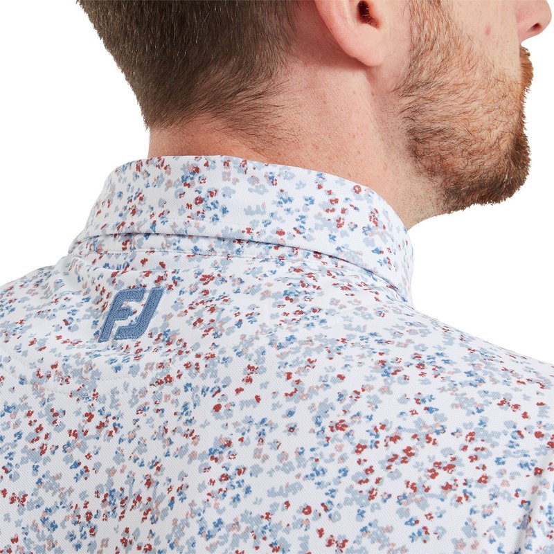 FootJoy Watercolour Floral Print Pique Herren Poloshirt, white/chambray/nantucket red