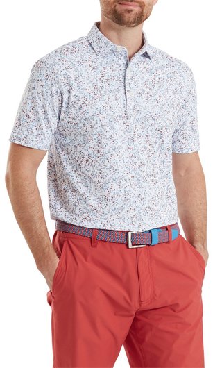 FootJoy Watercolour Floral Print Pique Herren Poloshirt, white/chambray/nantucket red