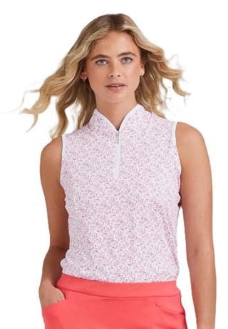 Ping Penola Printed Sleeveless Damen Poloshirt, fuchsia foliage