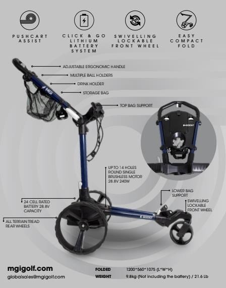 MGI E-Boost hybrid golf trolley 2026 elektrischer Trolley, matt navy