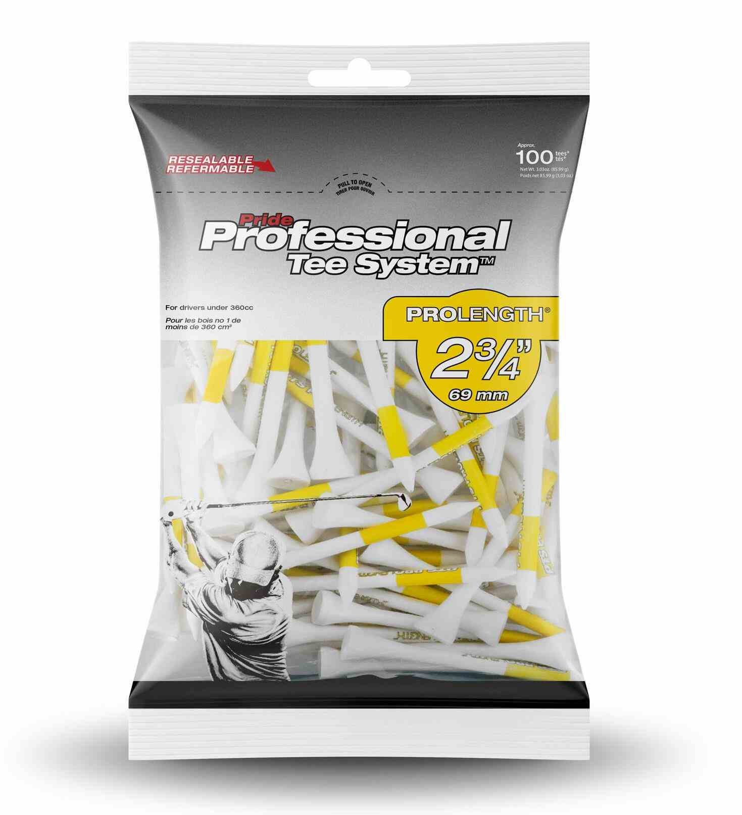 Pride Professional Tee System Prolength Yellow Holztees 69mm (2 3/4"), 100 Tees