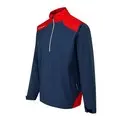 Detailansicht des Farbblockings in Oxford Blue und Classic Red an der Ping AquaDrive Jacke