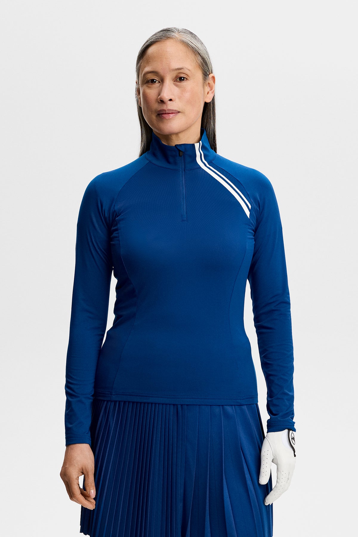 J.Lindeberg Nadu Quarter Zip Mid Layer Estate Blue – Detailansicht Vorderseite