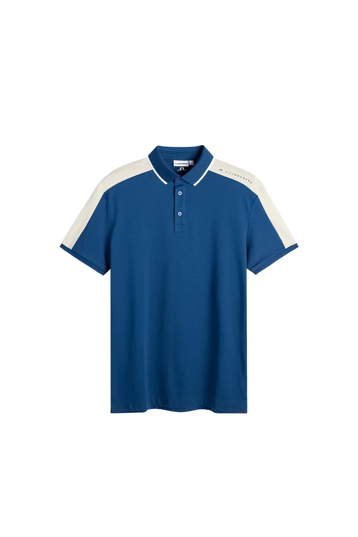 J.Lindeberg Jace Polo Estate Blue – Vorderansicht mit atmungsaktivem Material und kontrastierenden Schultereinsätzen