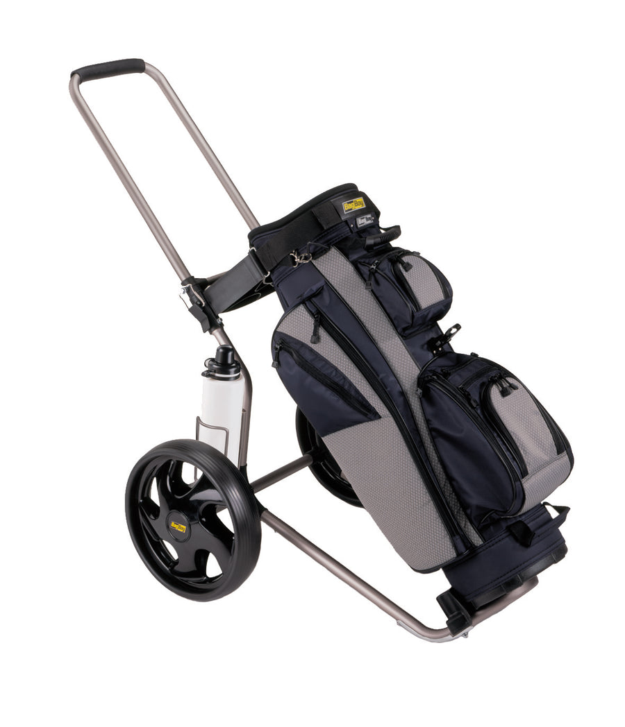 Bag Boy Rental Dual Tube mit montiertem Bag, zeigt den klappbaren Rahmen