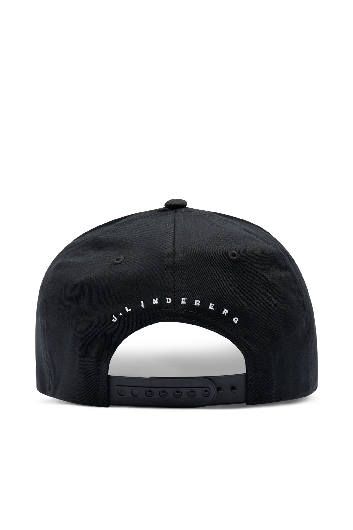 J.Lindeberg Heath Cap Schwarz – seitliches und hinteres Branding-Detail mit 3D-Bridge-Logo und J.LINDEBERG-Schriftzug