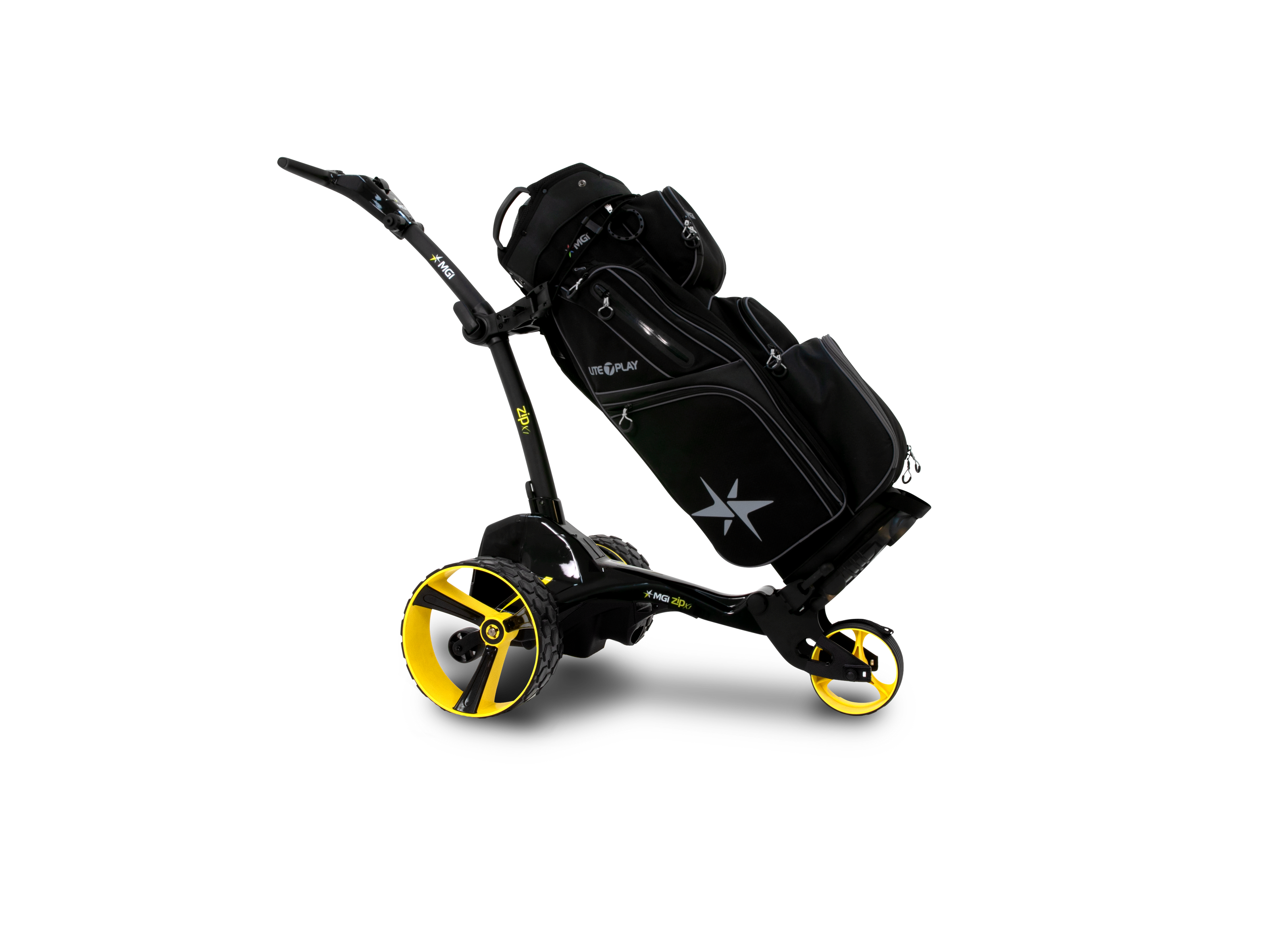 MGI Zip X1 mit montiertem Cartbag – ergonomischer T-Bar Griff und GPS-Halter