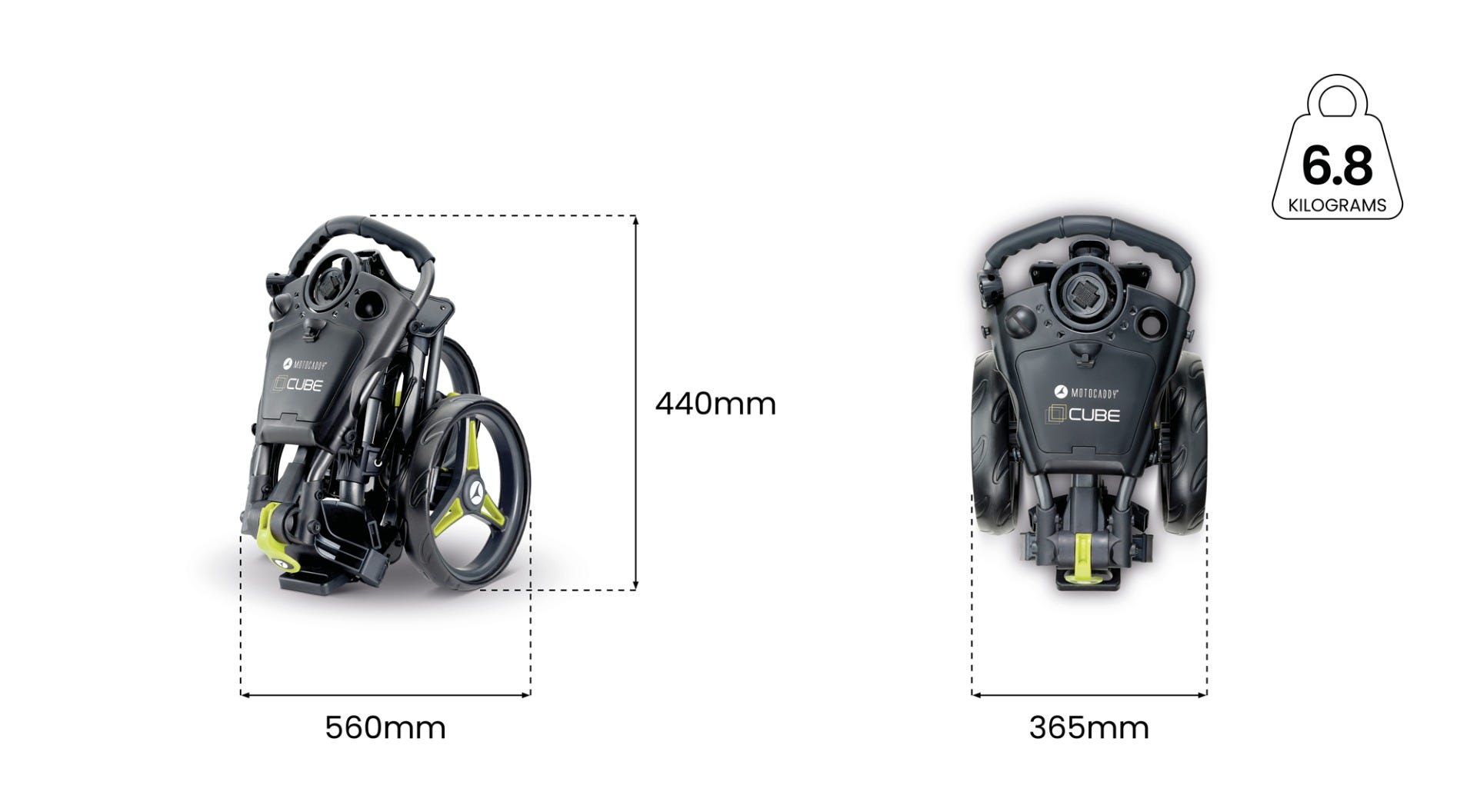 Motocaddy CUBE Spezifikationen, Räder und Abmessungen Diagramm