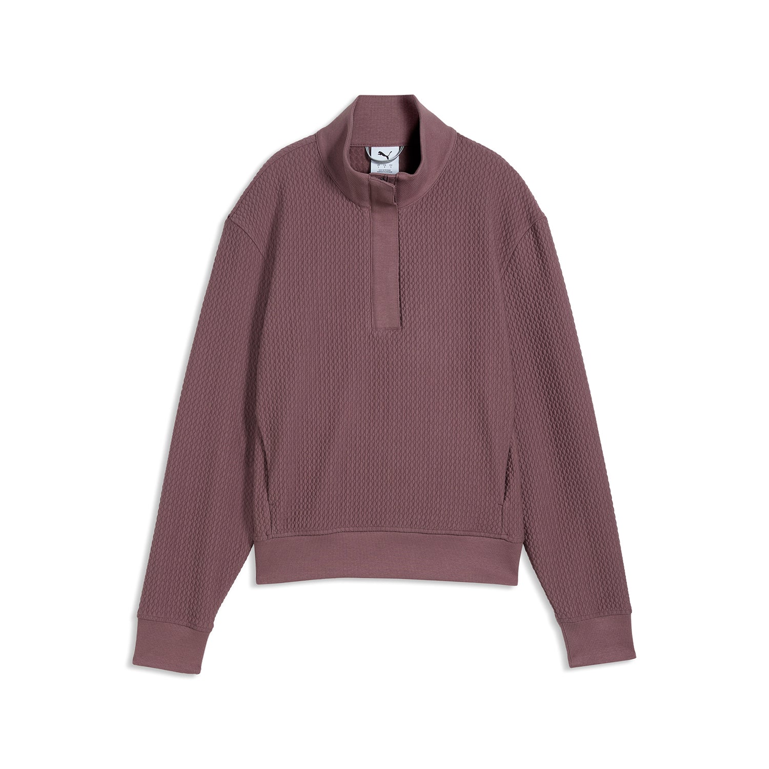 Puma Boulder Ladies 1/4 Zip Sweatshirt in Rich Cocoa – Vorderansicht mit Waffelstoffstruktur und Stehkragen