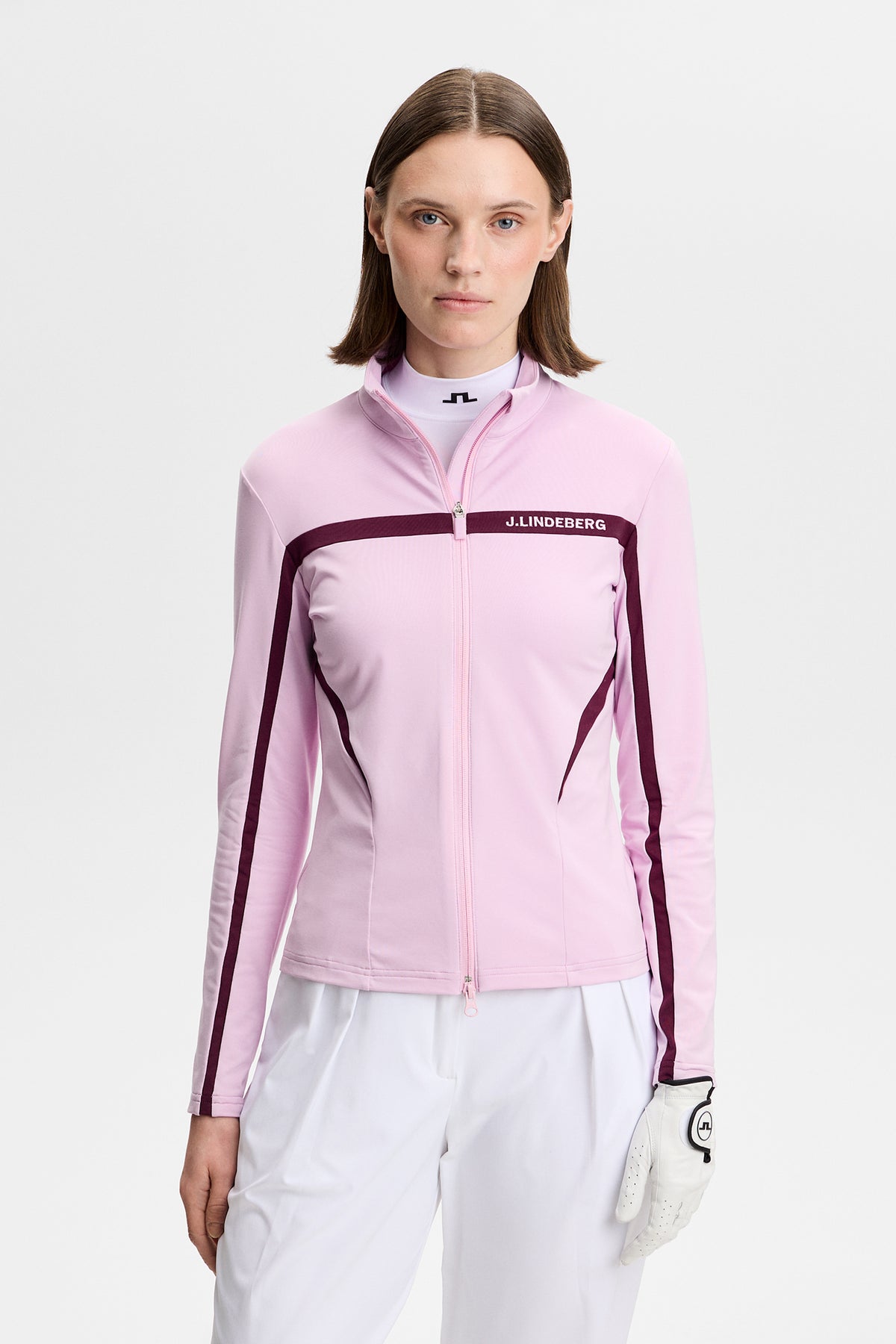 J.Lindeberg Janice Mid Layer Orchid Bouquet – Vorderansicht zeigt Light Mid-Gewebe und Zwei-Wege-Reißverschluss