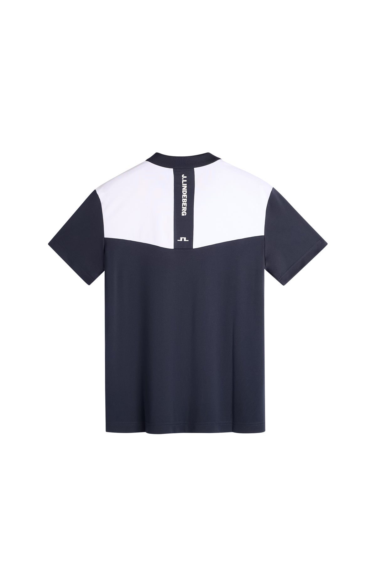 J.Lindeberg Calex Polo JL Navy – Rückansicht mit Mesh-Einsatz und tonalem J.Lindeberg-Print